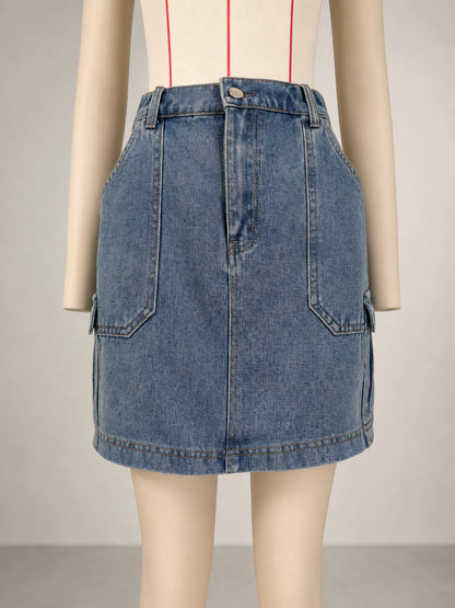 Women’s Washed Denim Cargo Mini Skirt Elastic Waist Utility Pocket Streetwear Short Skirt
