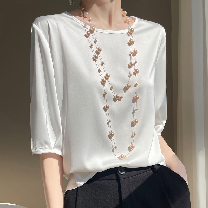 Luxury Acetate Silk-Satin Round Neck Blouse with Half Sleeves