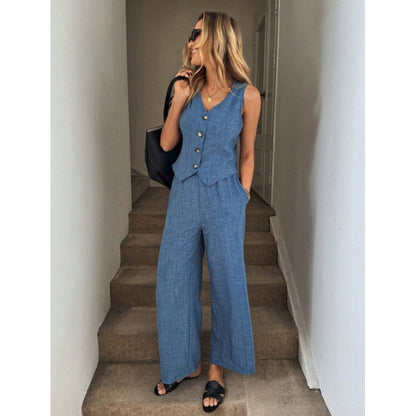 Ensemble deux pièces d'été PromiseGift | Gilet col V et pantalon palazzo taille haute vert sauge