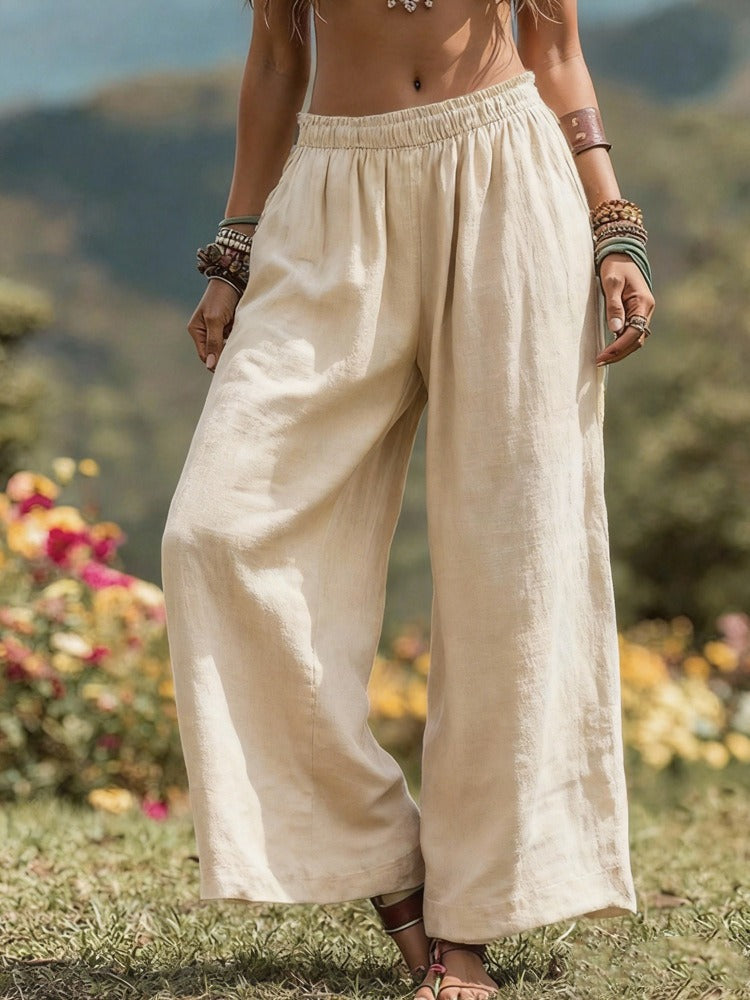High-Waisted Smocked Elastic Waist Trousers | Breathable Boho Summer Palazzo Pants