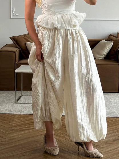 High-Waisted Bubble Hem Maxi Skirt in Pearl White | Airy Tencel Silk-Touch Skirt