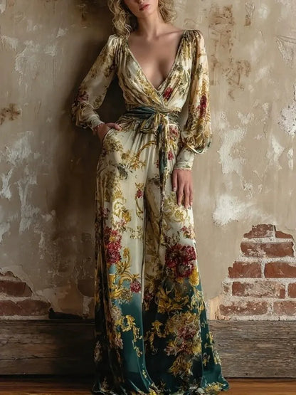 Boho Luxury High-Waist Belted Jumpsuit with Long Lantern Sleeves
