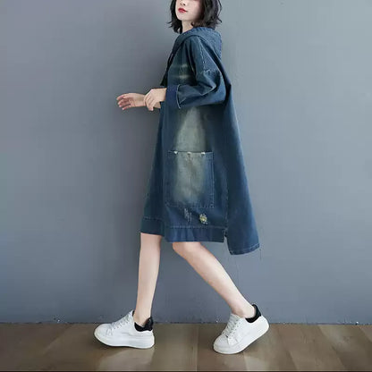 Vintage Washed Denim Hooded Sweatshirt Dress - Loose Fit Pullover Gown with Pockets