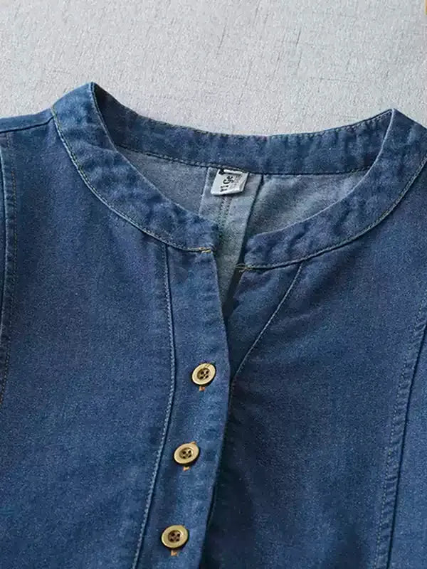 Vintage Washed Denim Shift Dress for Women - Soft Half Sleeve Tunic Dress with Pockets