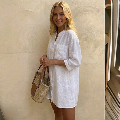 Casual Loose-Fit Half Sleeve Button-Down | Breathable Linen-Blend Top with Pocket
