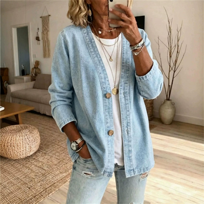 Women's Loose Casual V-Neck Denim Cardigan Jacket | Plus Size Long Sleeve Washed Blue Jean Coat Outwear