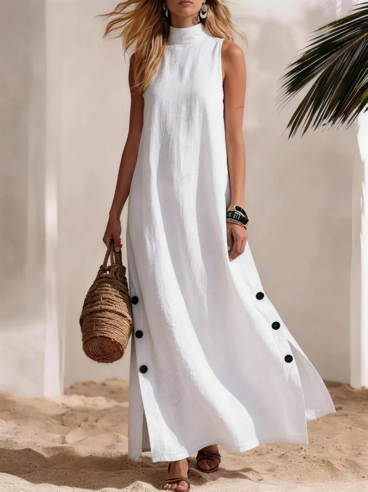 Sleeveless Mock Neck Summer Maxi | Breathable White Linen-Blend Dress with Side Slit