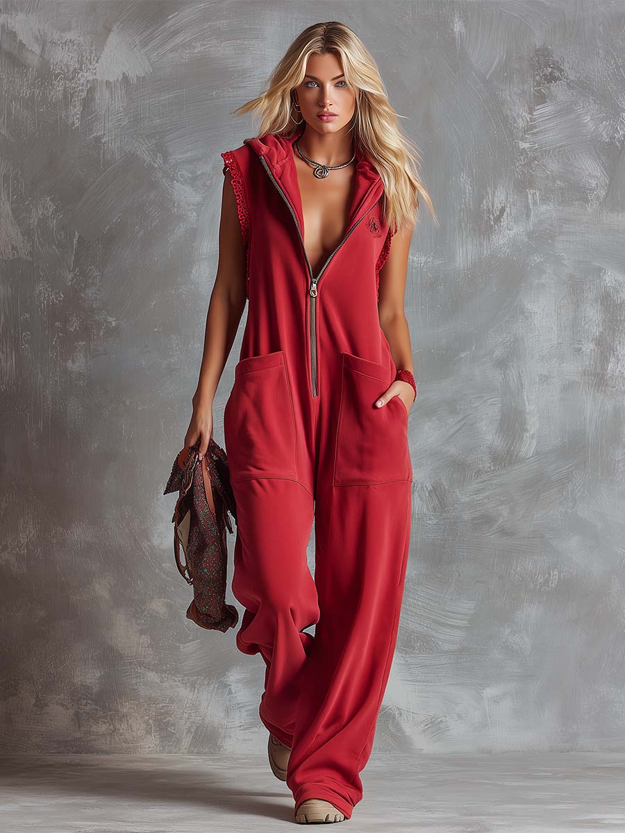 Combinaison en coton framboise à capuche et col en V zippée sur le devant, style rétro sport