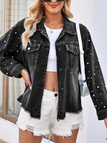 Vintage Pearl Embellished Denim Jacket for Women - Drop Shoulder Button-Down Outerwear