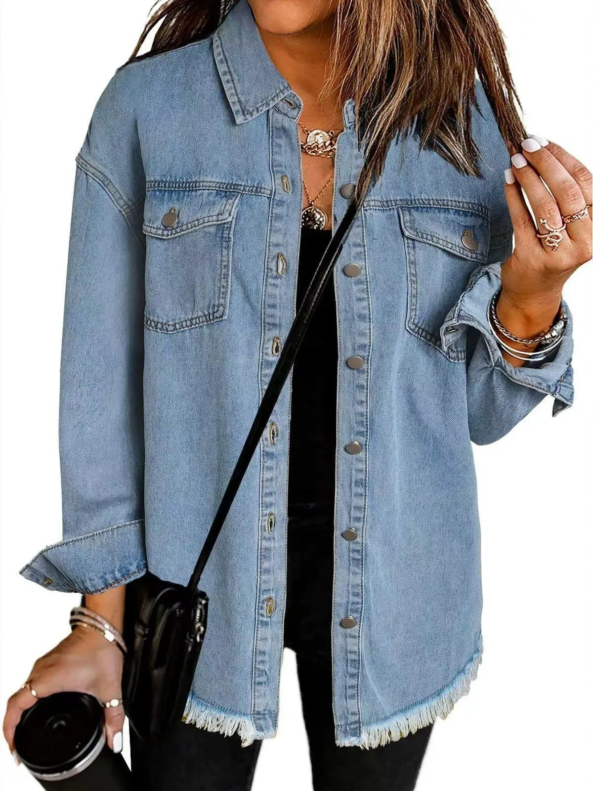 Vintage Oversized Frayed Denim Shirt for Women - Streetwear Button Down Jacket