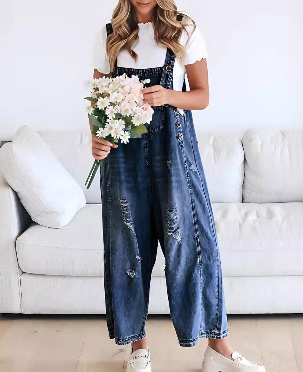 Vintage Washed Denim Bib Overalls for Women - Flattering Relaxed Fit Harem One-Piece