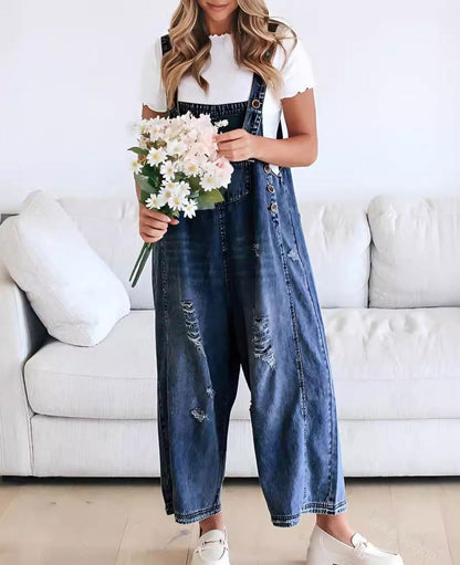 Vintage Washed Denim Bib Overalls for Women - Flattering Relaxed Fit Harem One-Piece