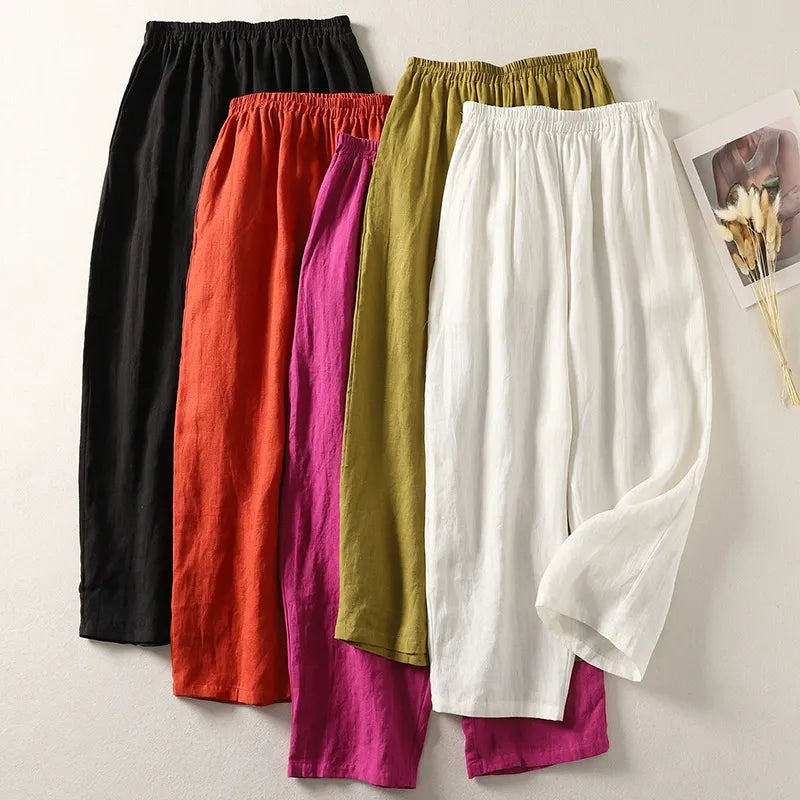 High-Waisted Smocked Elastic Waist Pants | Breathable Linen-Blend Lantern Trousers