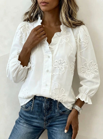 Vintage Embroidered Ruffle Neck Long Sleeve Blouse