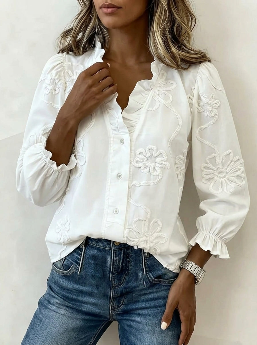 Vintage Embroidered Ruffle Neck Long Sleeve Blouse
