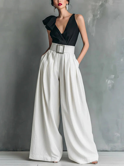 Women's High Waisted Wide Leg Pants - Elegant Pleated Flowy Palazzo Trousers