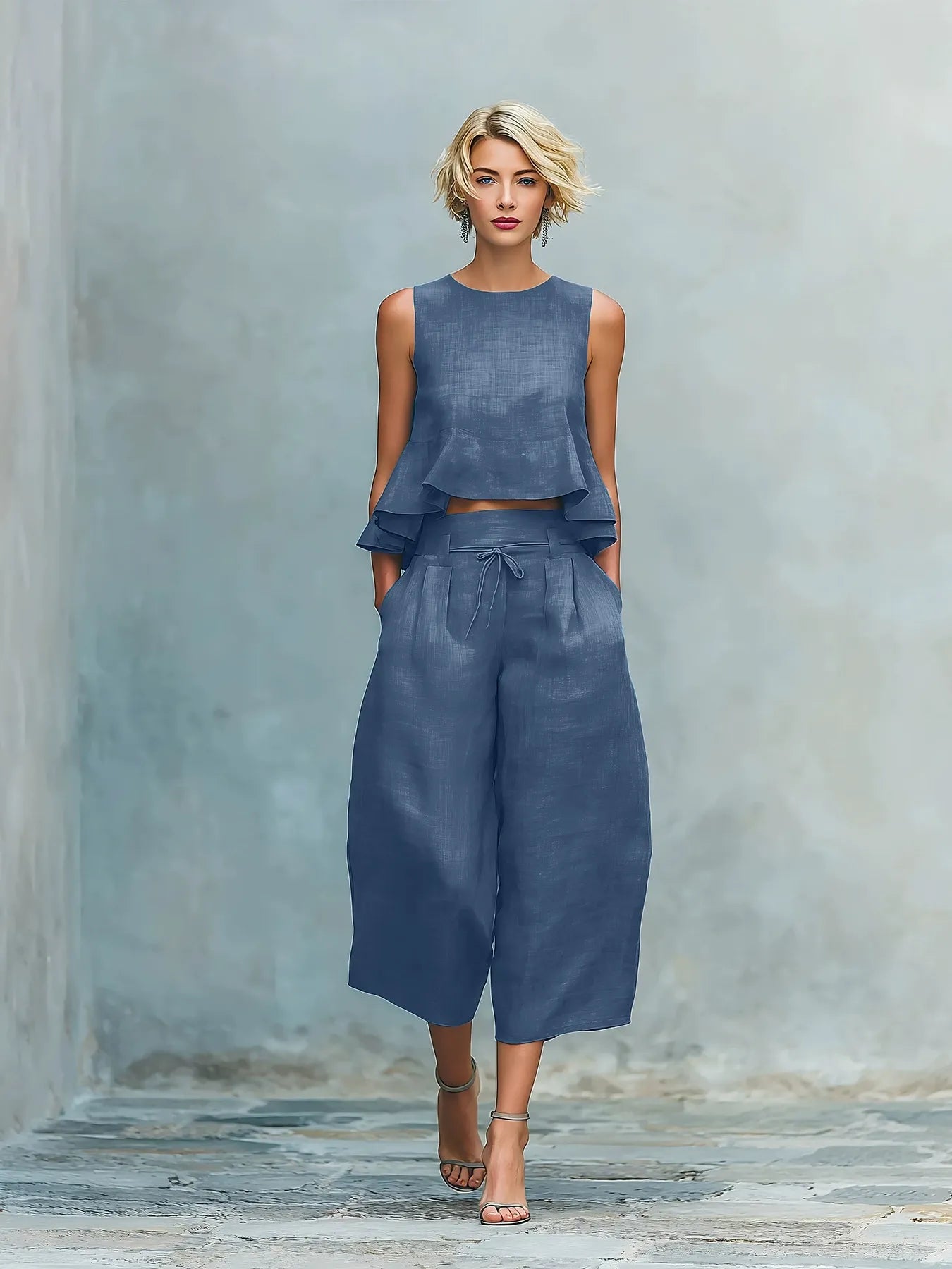 Ensemble en mélange de lin sculpté 2 pièces pour l'été | Haut sans manches à volants et jupe-culotte taille haute à jambes larges