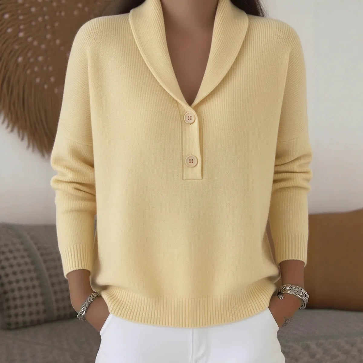Chic Ribbed Neckline Pullover Sweater for Women - Retro Slouchy Loose Fit Jumper