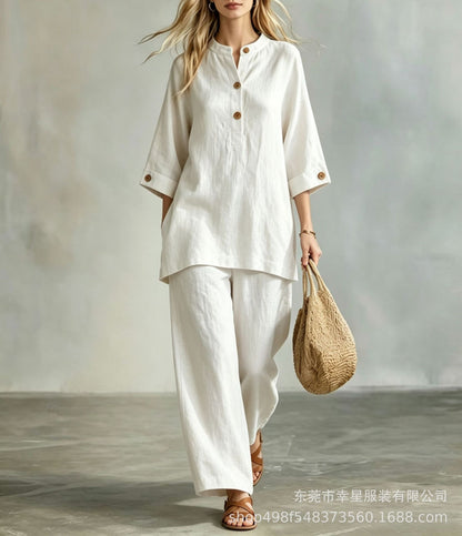 Women's Linen Look 2-Piece Lounge Set | Casual Half Sleeve Button Top & Wide Leg Pants Suit