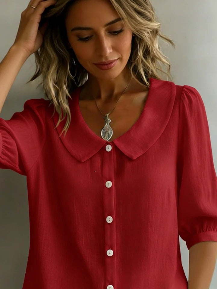 Casual Half-Sleeve Button-Down Shirt | Breathable Red Linen-Blend Blouse