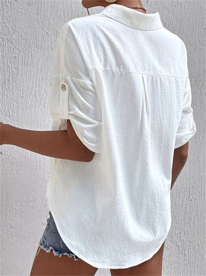 French Romance Ruffle Blouse - White V-Neck Linen-Blend Top