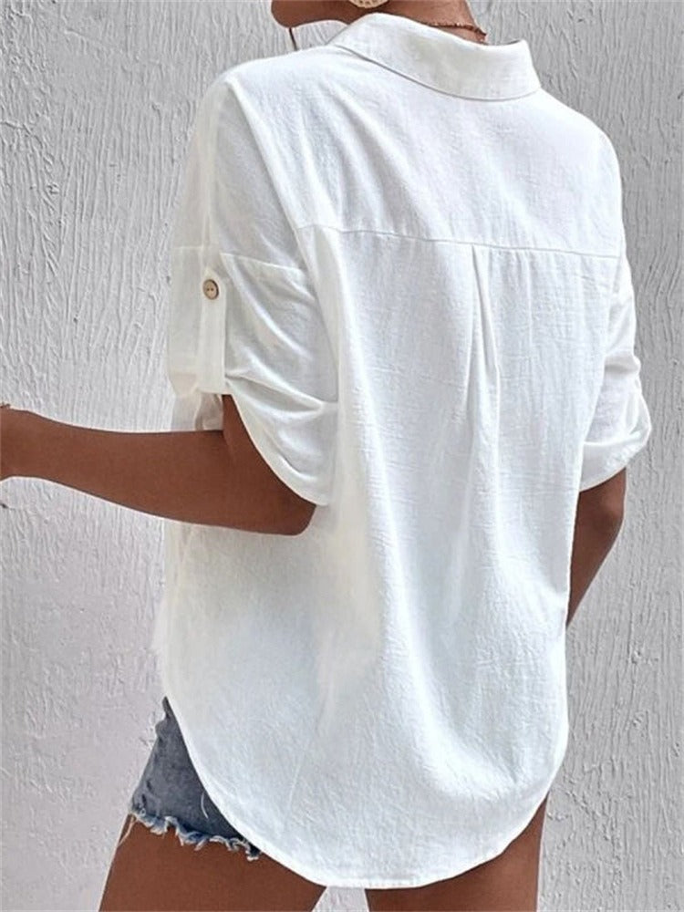 French Romance Ruffle Blouse - White V-Neck Linen-Blend Top