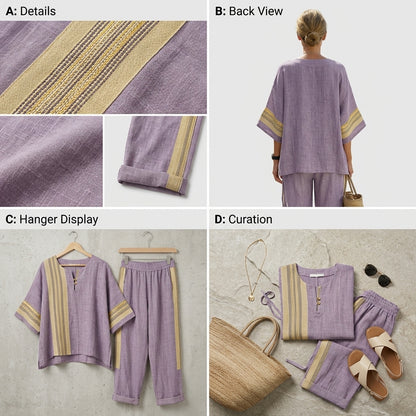 Bohemian Purple Summer Matching Set for Women – Chic Oversized Tunic & Rolled-up Trousers, Breezy Beach Holiday 2 Piece Outfit