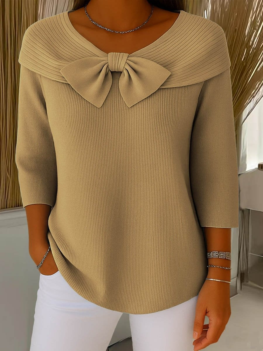 Women's Large Bow Off-the-Shoulder Knit Sweater | Casual Long Sleeve Ribbed Jumper Top