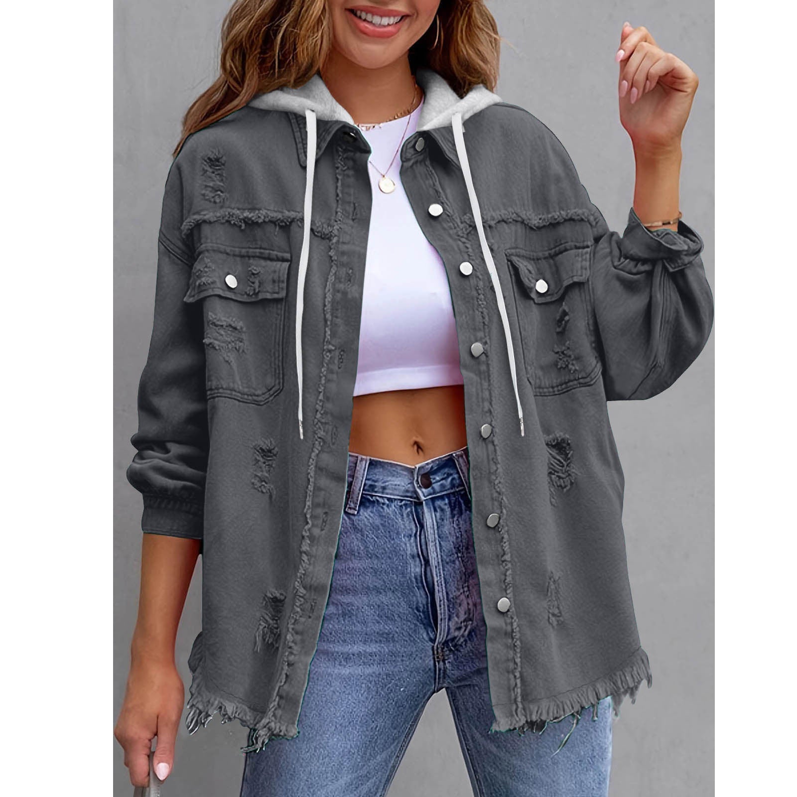 Vintage Oversized Ripped Denim Hoodie for Women - Streetwear Button Down Jacket