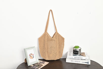 Bohemian Crochet Hollow-Out Straw Beach Tote Bag - Vintage Woven Mesh Shoulder Purse with Inner Pouch