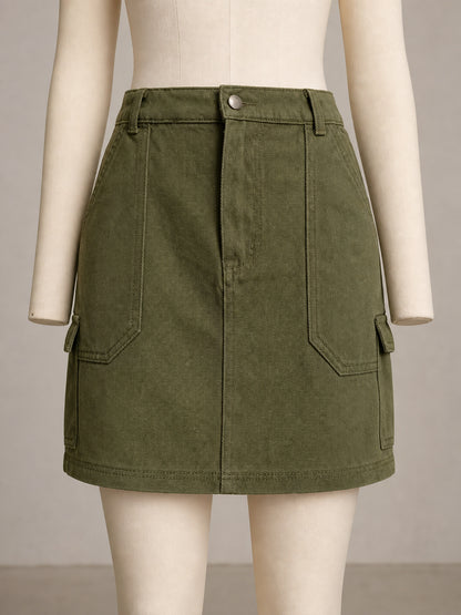 Women’s Washed Denim Cargo Mini Skirt Elastic Waist Utility Pocket Streetwear Short Skirt