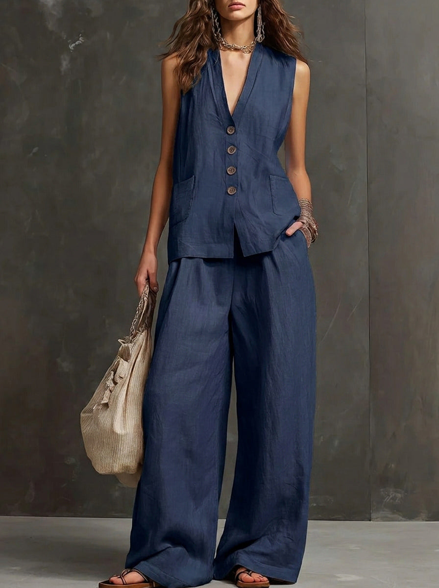 Chic Cotton Linen Blend 2-Piece Set - Sleeveless Button-Down Vest & High-Waist Wide Leg Pants Lounge Set