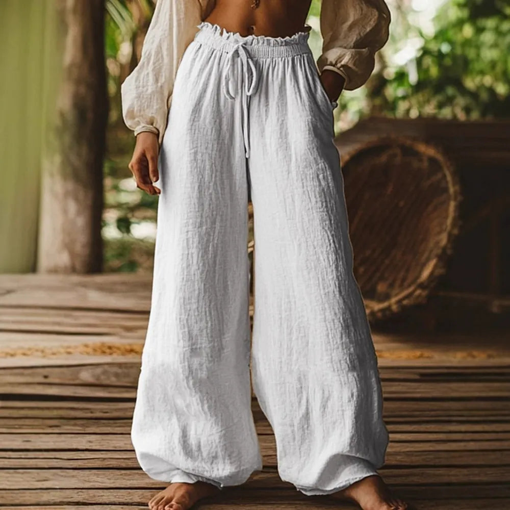 Women's Casual Wide Leg Linen Pants - High Waist Smocked Drawstring Trousers