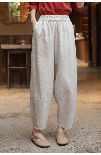 PromiseGift Retro Relaxed Fit Tapered Trousers | Sustainable Ramie Cotton Lantern Pants