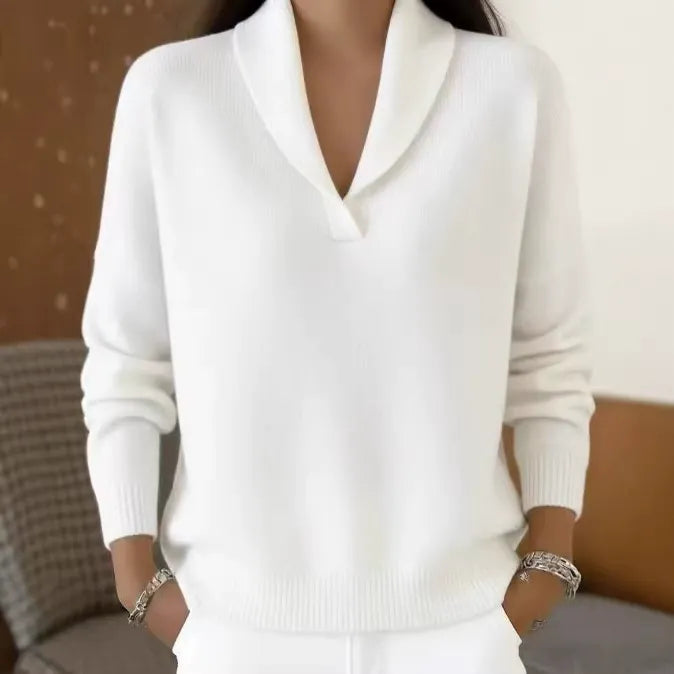 Women's Shawl Collar V-Neck Knit Sweater | Casual Solid Color Long Sleeve Pullover Top