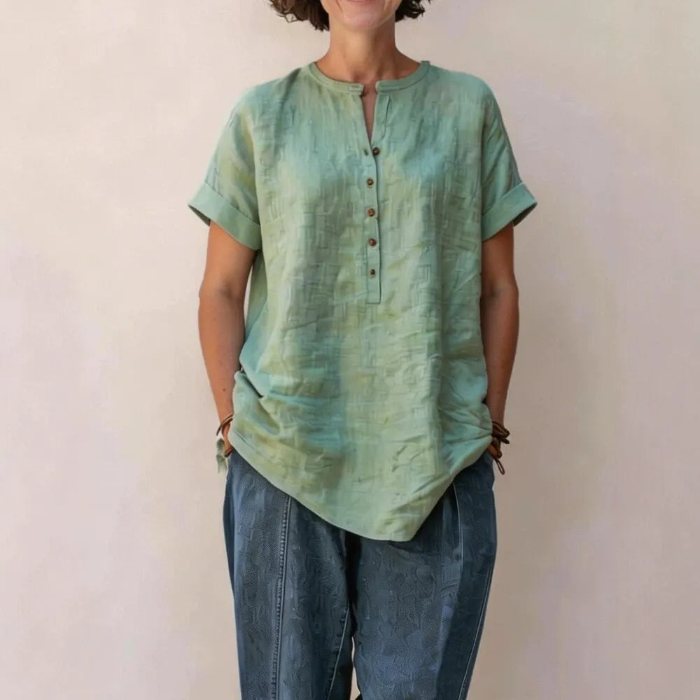 Casual Short-Sleeve Popover Shirt | Breathable Cotton-Linen Tunic with Cuffed Sleeves