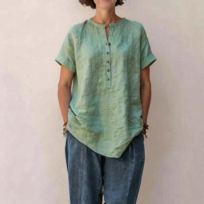 Casual Short-Sleeve Popover Shirt | Breathable Cotton-Linen Tunic with Cuffed Sleeves