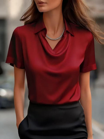Elegant Short Sleeve Silk-Touch Shirt | Fluid Polo Collar Satin Top for Women