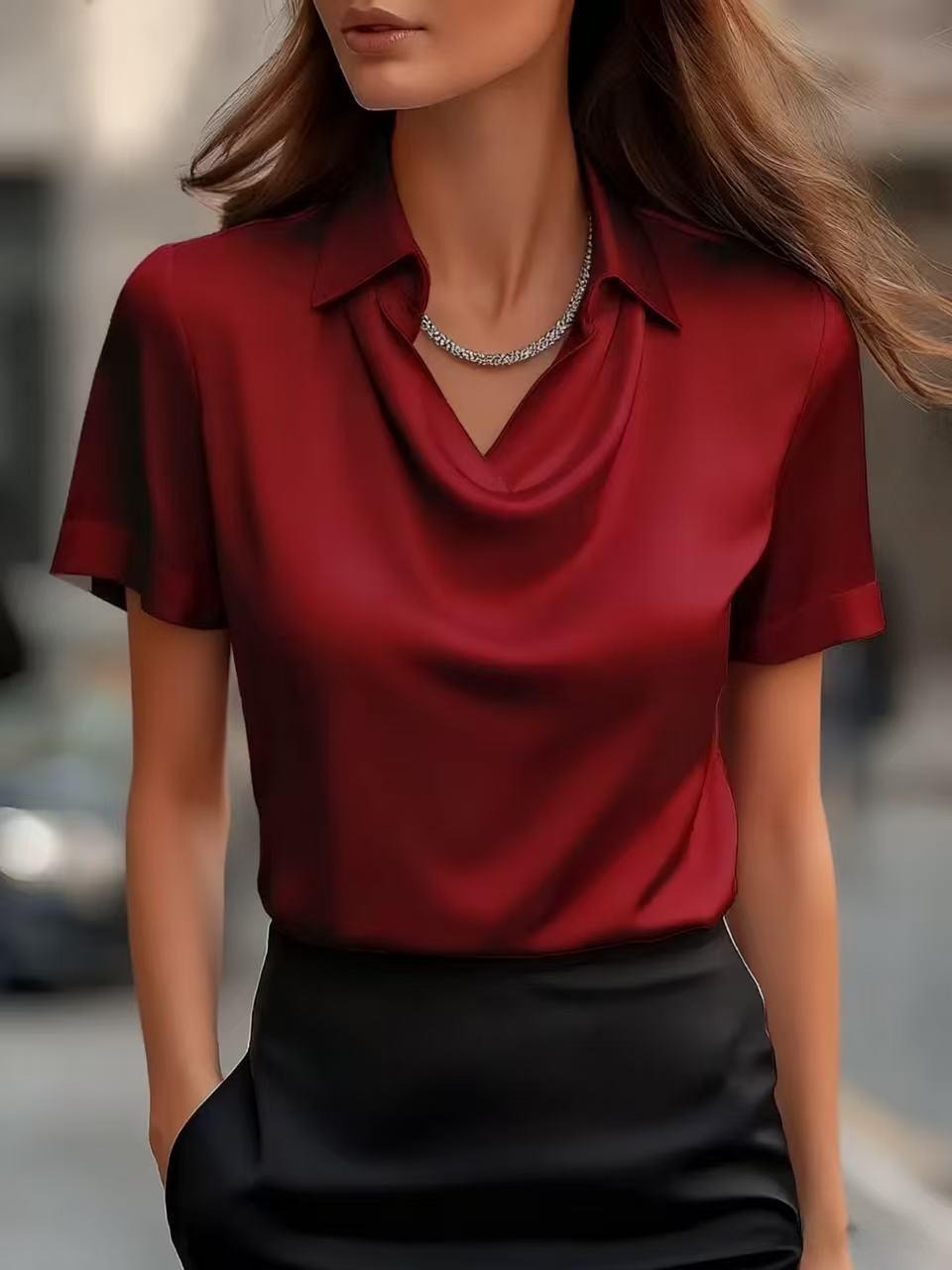 Elegant Short Sleeve Silk-Touch Shirt | Fluid Polo Collar Satin Top for Women