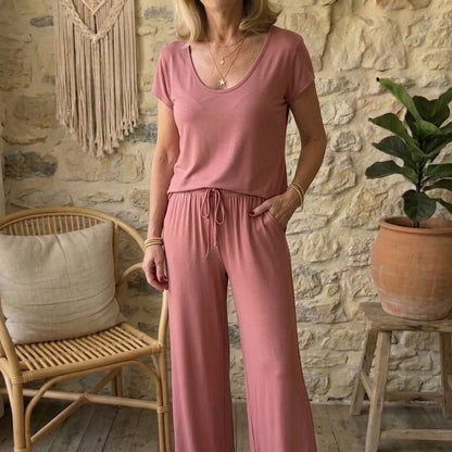 Women's Modal 2-Piece Lounge Set - Cap Sleeve Tee & Wide Leg Pants Pajama Set