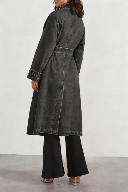 Women's Long Denim Trench Coat with Belt | Loose Fit Washed Black Jean Duster Jacket Tie-Waist Outwear