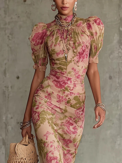 Robe longue en mousseline florale pour femme - Robe sirène à col montant et manches bouffantes