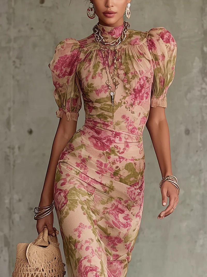Robe longue en mousseline florale pour femme - Robe sirène à col montant et manches bouffantes