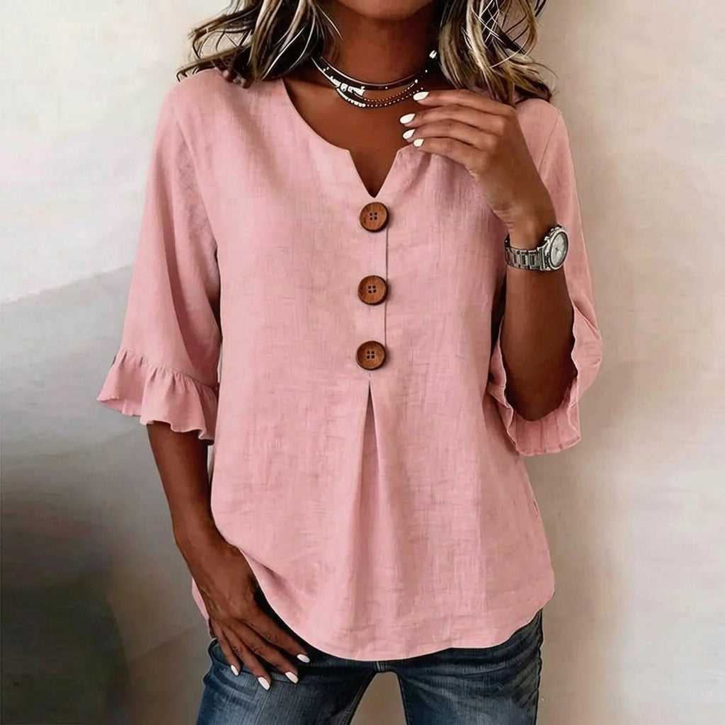 Casual 3/4 Sleeve Cotton Linen Shirt | Boho V-Neck Tunic with Wood Buttons