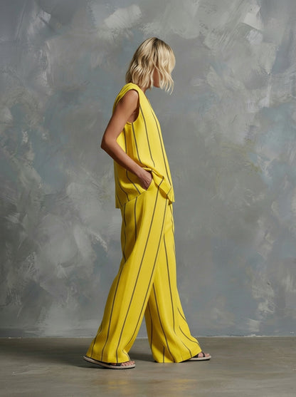 Women's Vertical Striped Linen 2-Piece Set | Casual V-Neck Sleeveless Top & Wide Leg Pants Suit