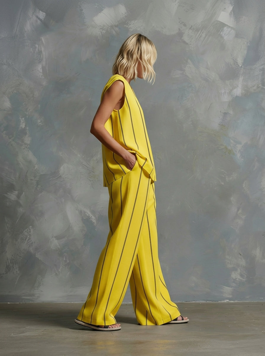 Women's Vertical Striped Linen 2-Piece Set | Casual V-Neck Sleeveless Top & Wide Leg Pants Suit