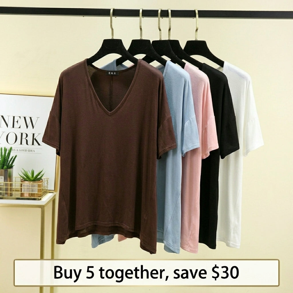 T-shirt ample en modal pour femme - Tunique décontractée à col en V profond
