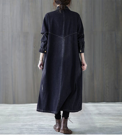 Women's Long Sleeve Denim Shirt Dress | Casual Distressed Button-Down Jean Maxi Gown
