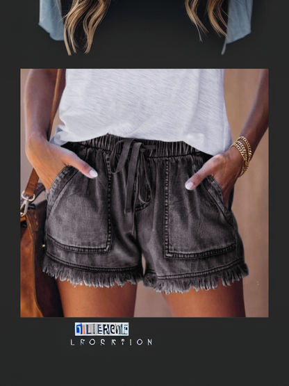 Women's Elastic Waist Denim Shorts with Drawstring | High Waisted Frayed Hem Leopard Print Jean Shorts