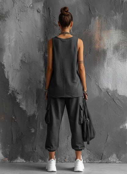 Women's Casual 2-Piece Lounge Set | Sleeveless Knit Tank Top & Cargo Capri Pants Suit